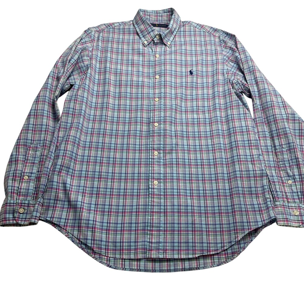 Ralph Lauren Button Down Plaid Shirt Men Sz Large Blue‎ Pony Long Sleeve